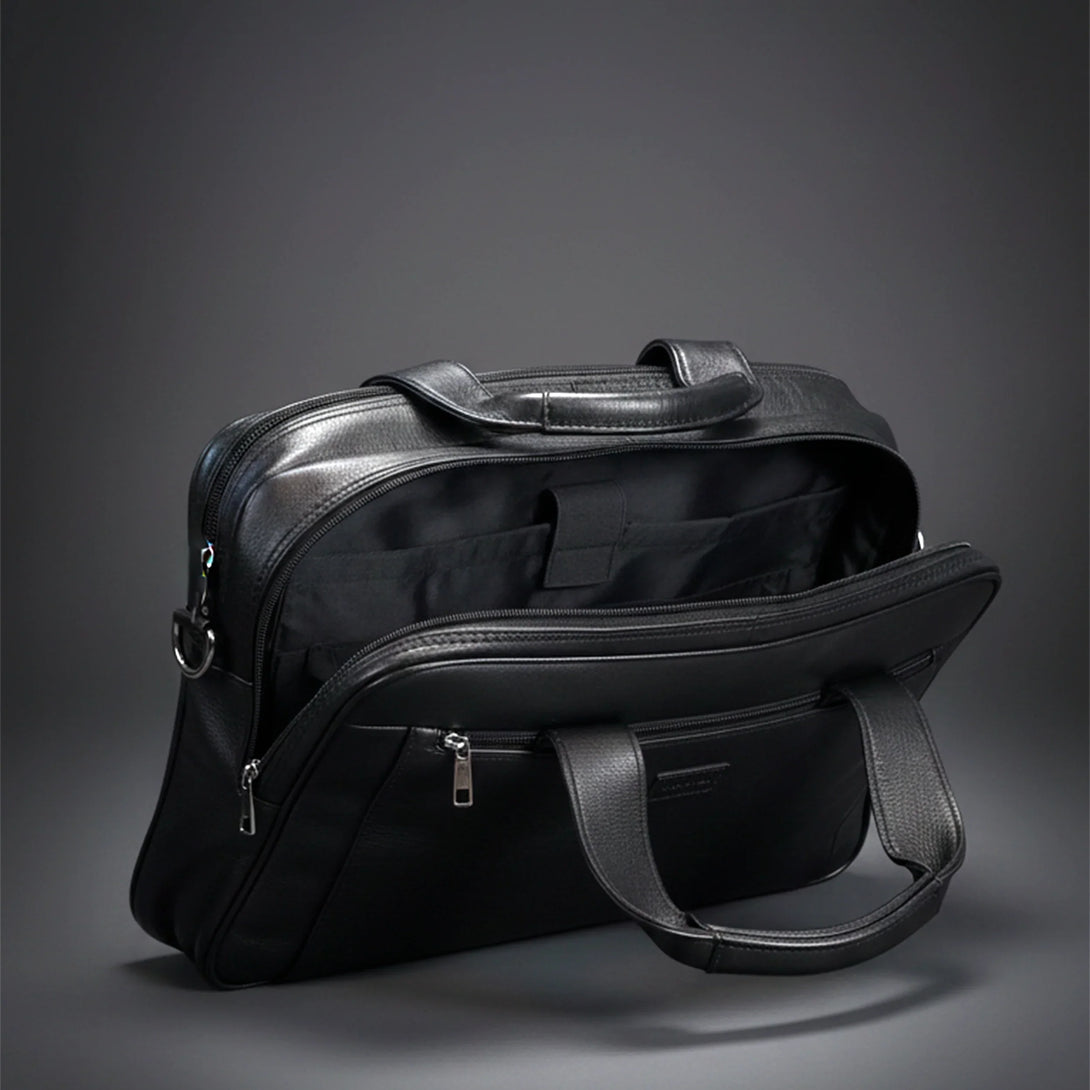 Personalized black leather wallet and belt gift set for men on gray background