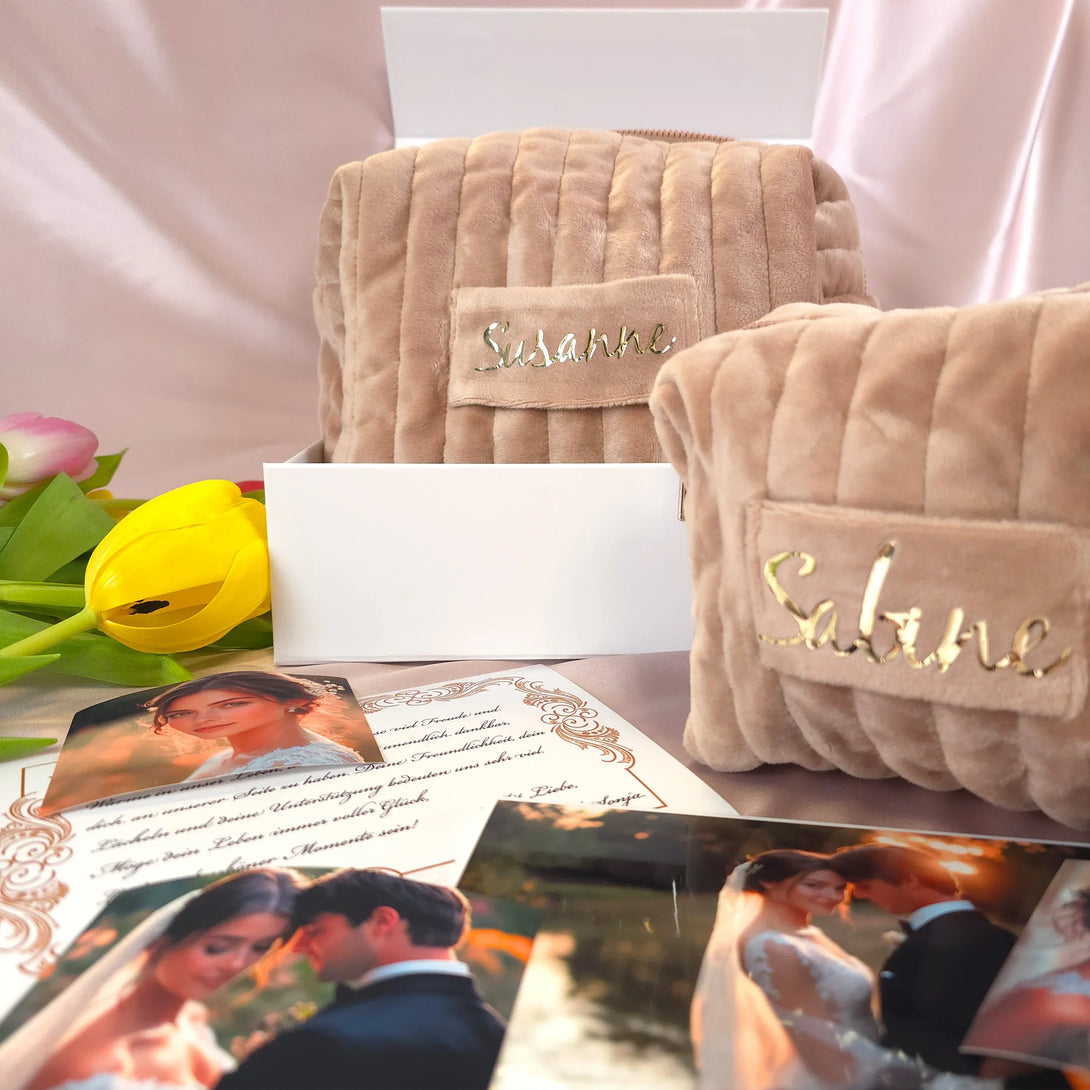 Personalized leather wallet and belt gift set for men displayed with flowers and photos